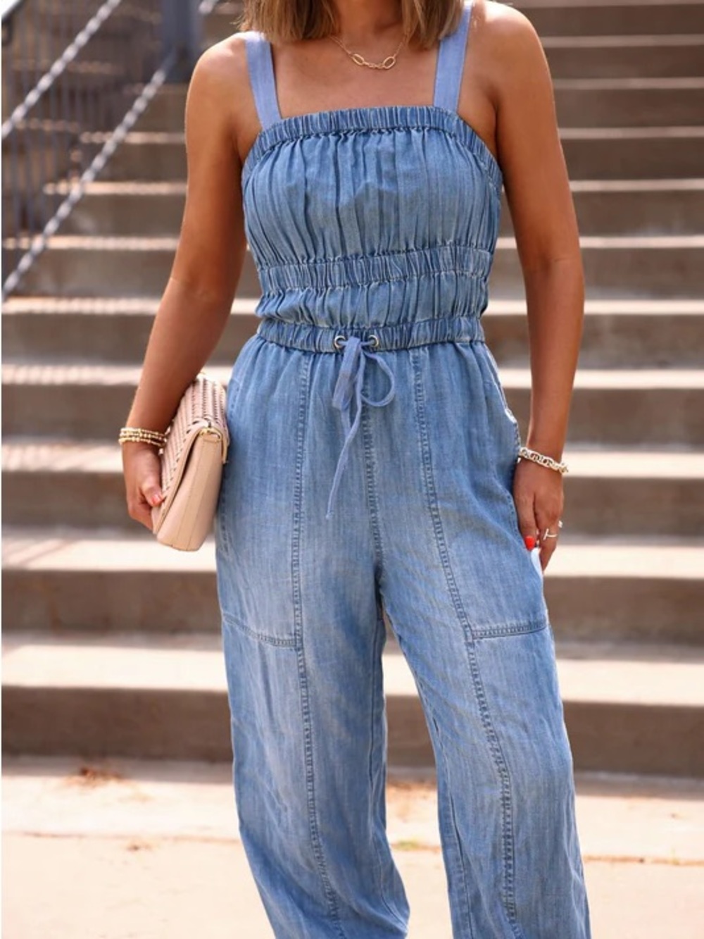 Elan Light Blue Denim Smocked Jumpsuit